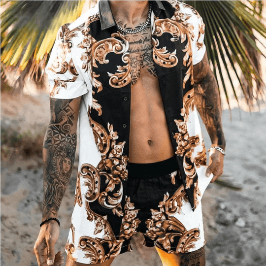 Herre Sommer Sæt Løs Kortærmet Skjorte med Shorts Patchwork Design 1