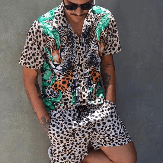 Herre Sommer Sæt Løs Kortærmet Skjorte med Shorts Patchwork Design 3
