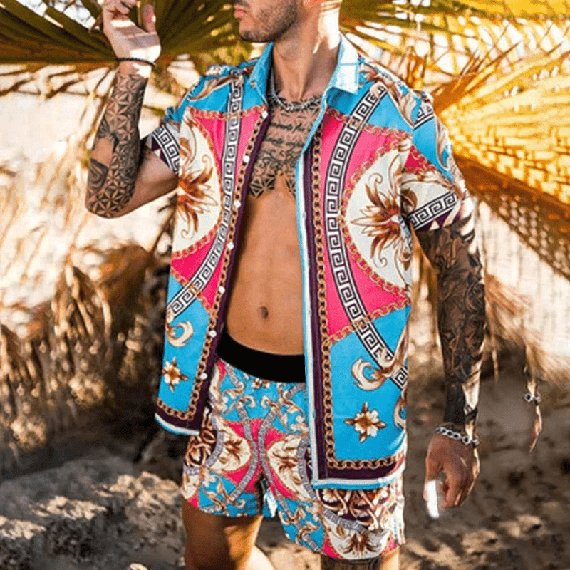 Herre Sommer Sæt Løs Kortærmet Skjorte med Shorts Patchwork Design 4