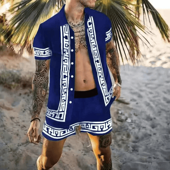 Herre Sommer Sæt Løs Kortærmet Skjorte med Shorts Patchwork Design 5