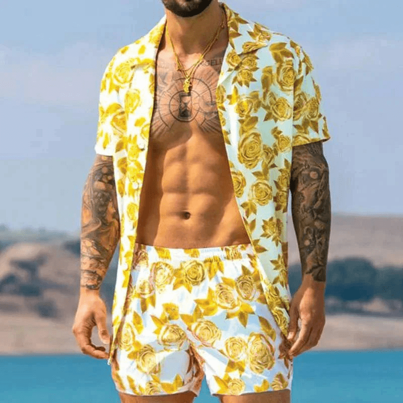 Herre Sommer Sæt Løs Kortærmet Skjorte med Shorts Patchwork Design 6