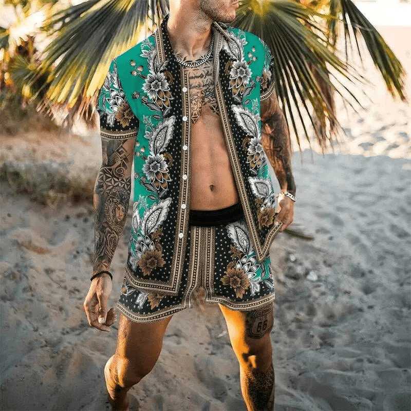 Herre Sommer Sæt Løs Kortærmet Skjorte med Shorts Patchwork Design 7