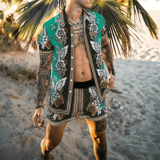 Herre Sommer Sæt Løs Kortærmet Skjorte med Shorts Patchwork Design 7