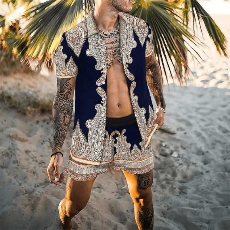 Herre Sommer Sæt Løs Kortærmet Skjorte med Shorts Patchwork Design 8