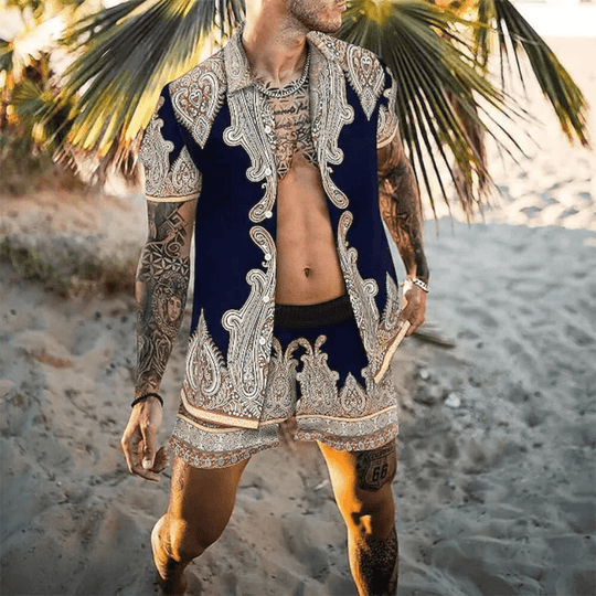Herre Sommer Sæt Løs Kortærmet Skjorte med Shorts Patchwork Design 8