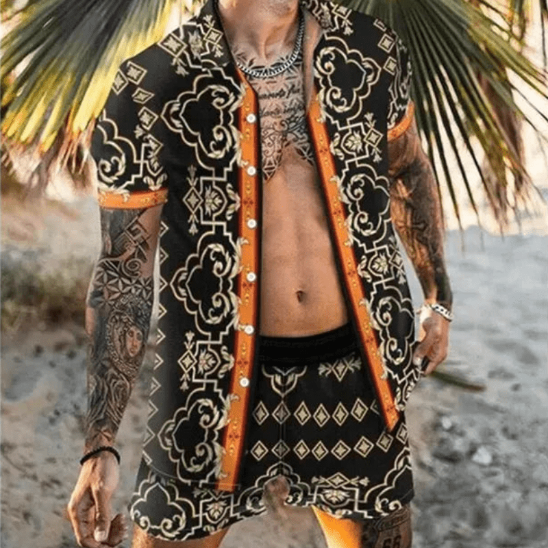 Herre Sommer Sæt Løs Kortærmet Skjorte med Shorts Patchwork Design 9
