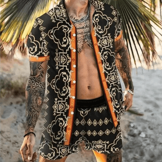 Herre Sommer Sæt Løs Kortærmet Skjorte med Shorts Patchwork Design 9