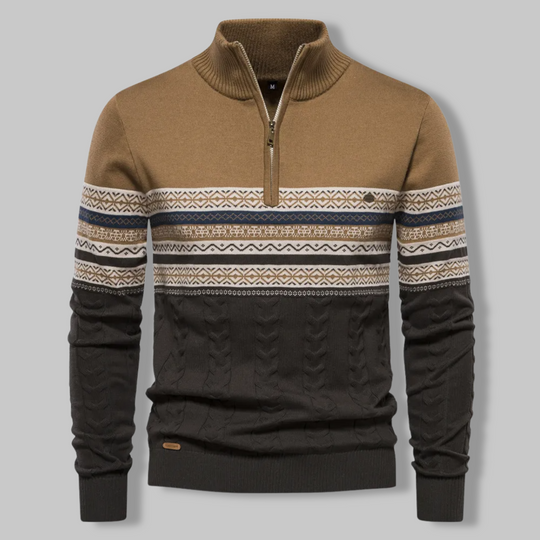 Herre Stribet Sweater med Opretstående Krave og Halv Lynlås 1