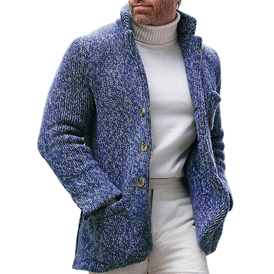 Herre Strikket Cardigan - Chunky Tekstur - Stå-Krave - Knap-Front 0