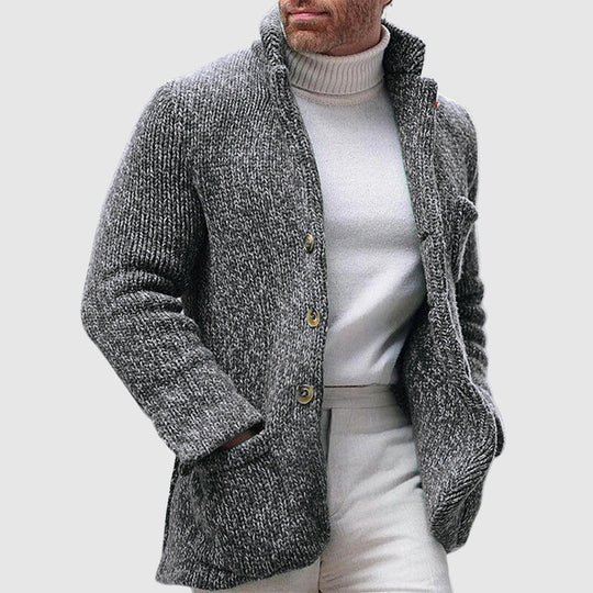 Herre Strikket Cardigan - Chunky Tekstur - Stå-Krave - Knap-Front 2