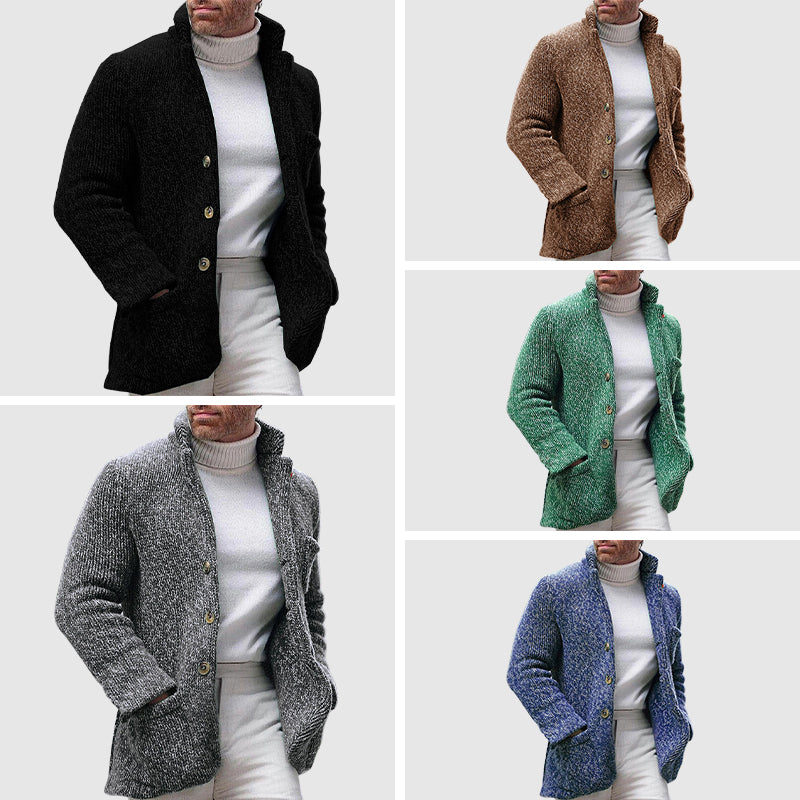 Herre Strikket Cardigan - Chunky Tekstur - Stå-Krave - Knap-Front 5
