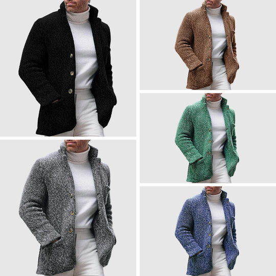 Herre Strikket Cardigan - Chunky Tekstur - Stå-Krave - Knap-Front 5