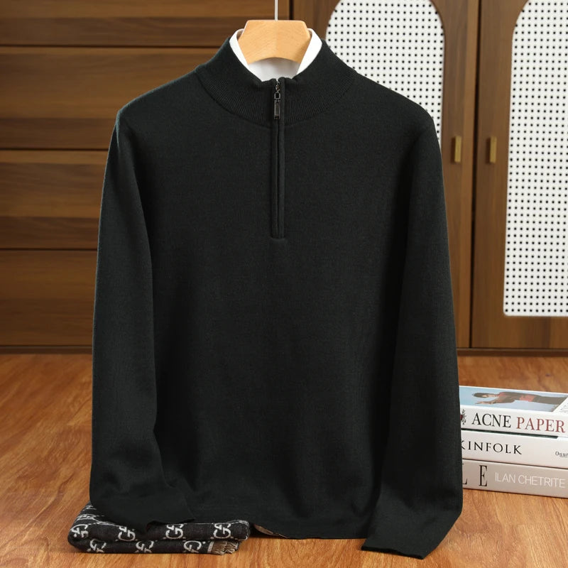 Herre Striktrøje Halvhøj Krave Merino Uld Pullover Casual 4
