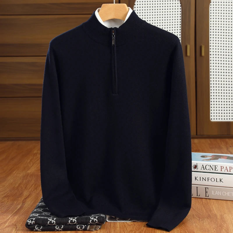 Herre Striktrøje Halvhøj Krave Merino Uld Pullover Casual 9