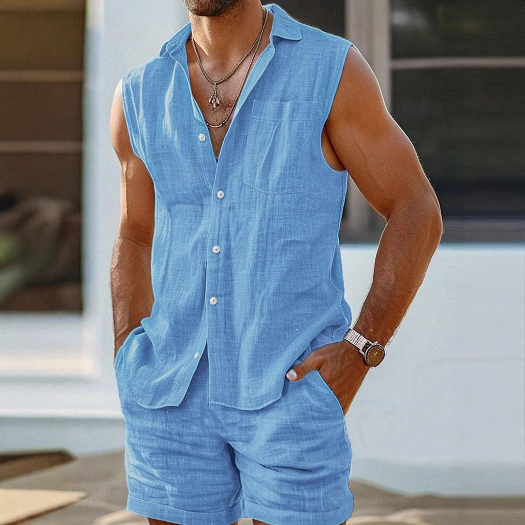 Herre T-shirt og Shorts Sæt – Linned – Afslappet Pasform – Knap-Op Casual Beklædning 2