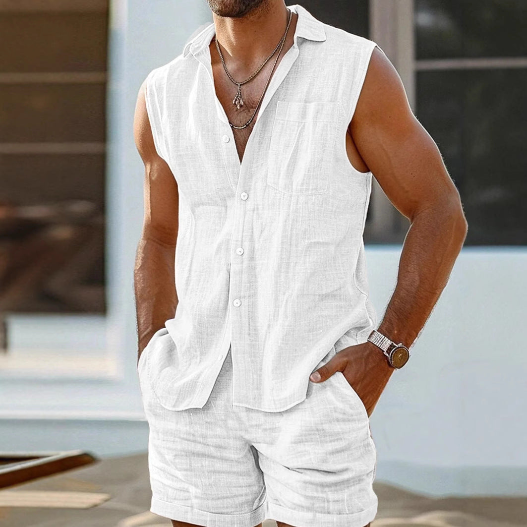Herre T-shirt og Shorts Sæt – Linned – Afslappet Pasform – Knap-Op Casual Beklædning 3