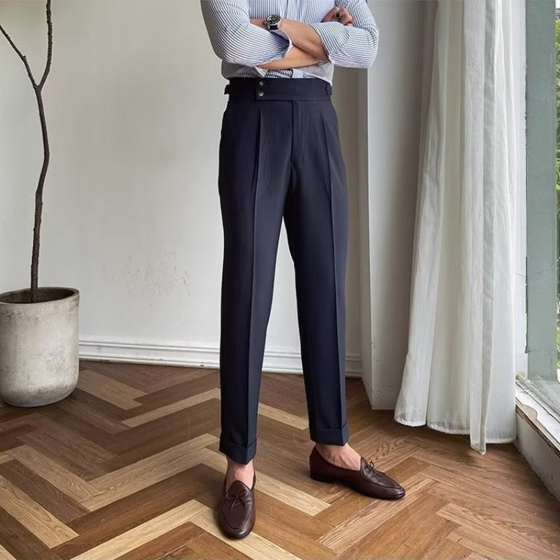 Herre Tailored Bukser Høj Talje Plisseret Front Opsmøgget Kant 3
