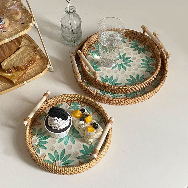 Kvindernes Håndlavede Serveringskurv Rund Med Blomstermønster 3