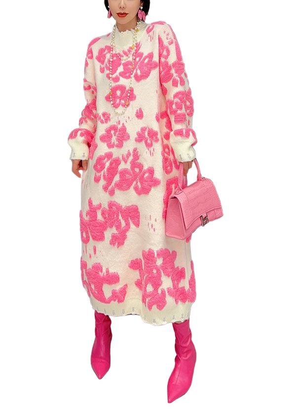 Kvindernes Højhalset Blomster Strik Kjole 0