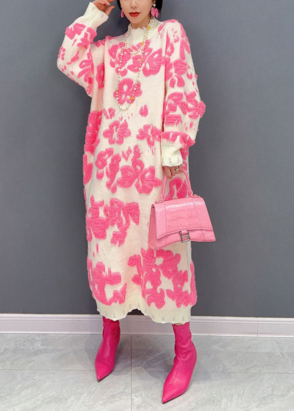 Kvindernes Højhalset Blomster Strik Kjole 1