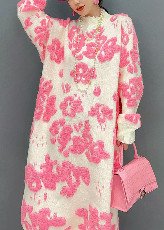 Kvindernes Højhalset Blomster Strik Kjole 4