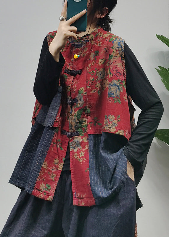 Kvinders Ærmeløs Vest med Kinesisk Knap og Patchwork Print 1