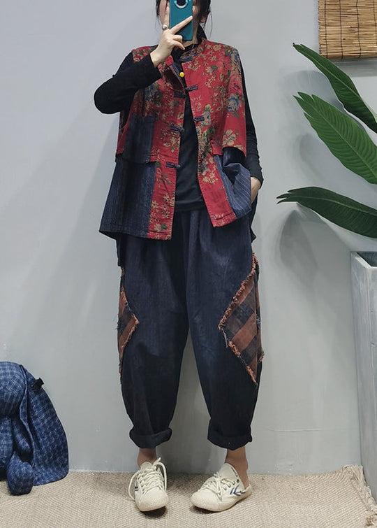 Kvinders Ærmeløs Vest med Kinesisk Knap og Patchwork Print 4