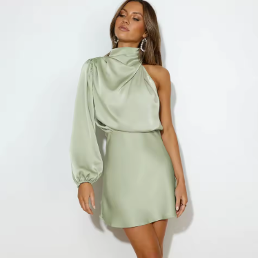 Kvinders Aftenkjole Asymmetrisk Satin One-Shoulder Med Pufærme 6