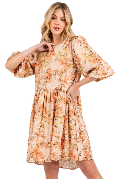 Kvinders Babydoll Mini Kjole Blomstret Linned Blend 0