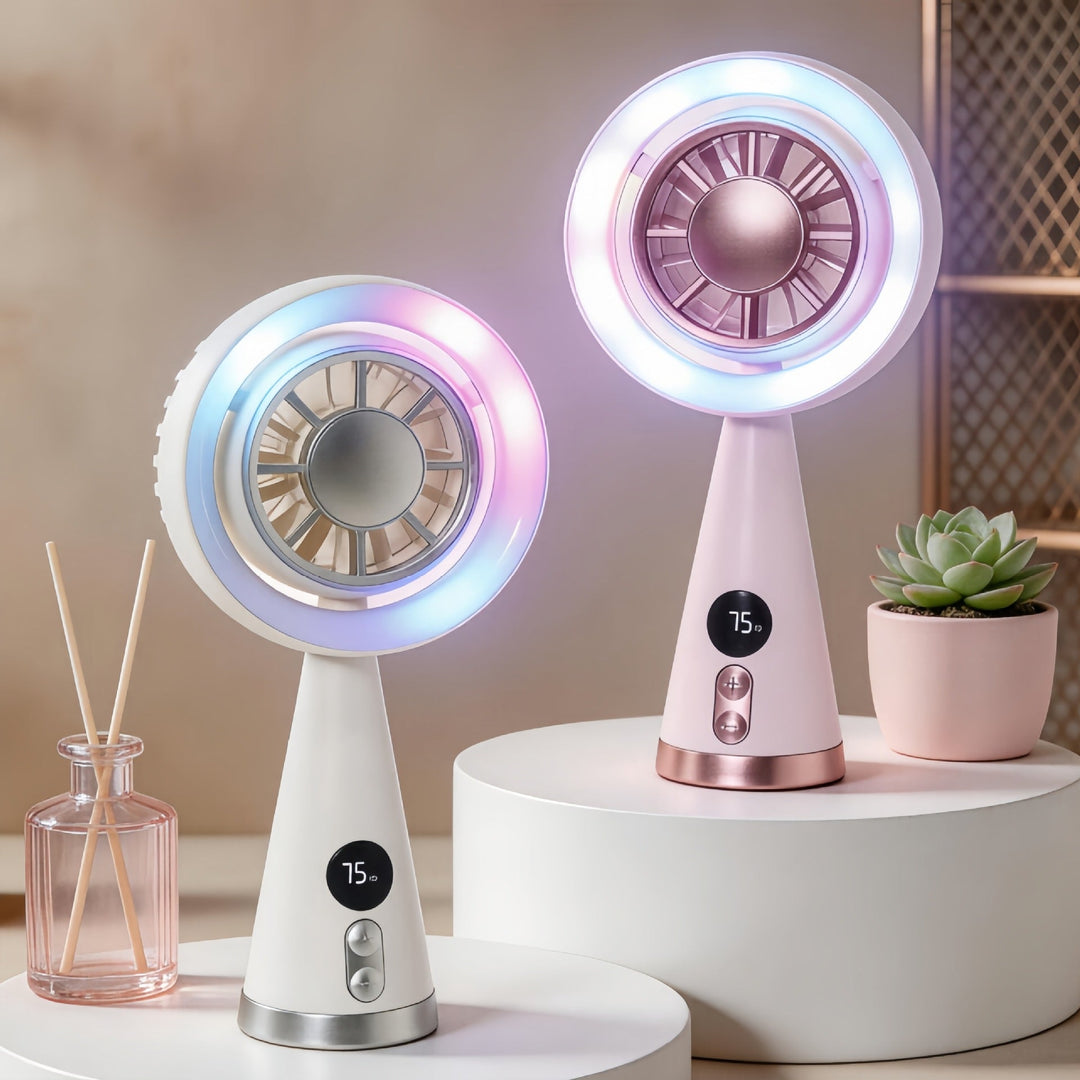 Kvinders Bærbare Miniventilator med LED Belysning og Digital Display 1