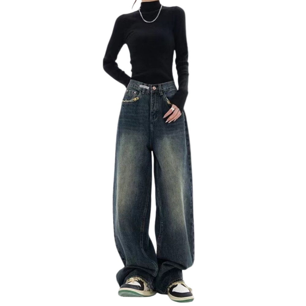 Kvinders Baggy Jeans Casual Fit med Justerbar Talje 0