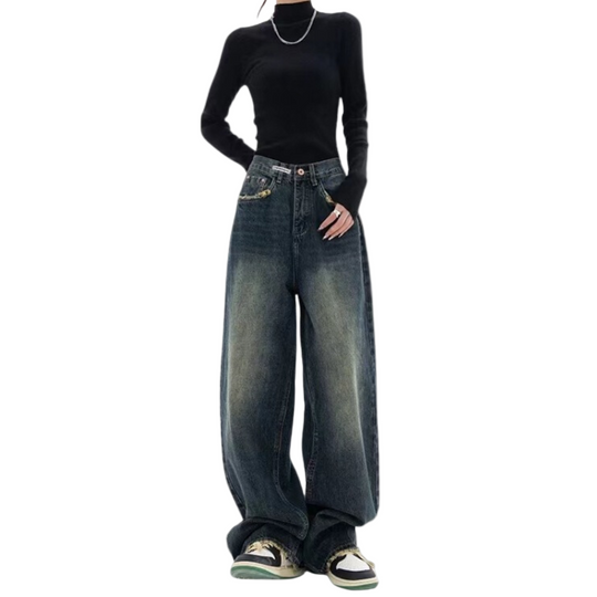 Kvinders Baggy Jeans Casual Fit med Justerbar Talje 0