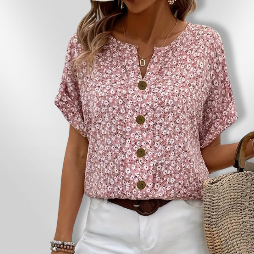 Kvinders Bluse Med Blomsterprint og Træknapper 1