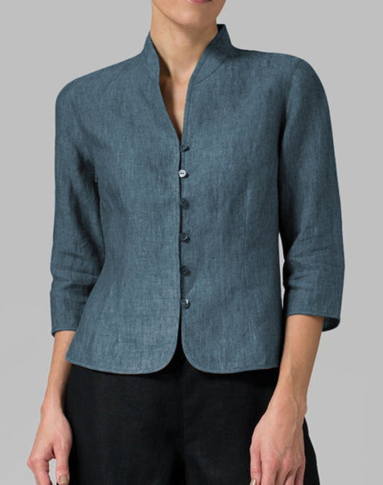 Kvinders Bluse Stehkrage Chambray Trekvartærmer 2