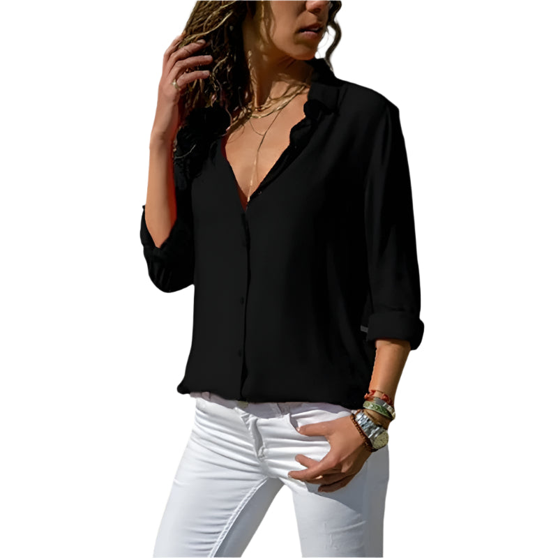 Kvinders Bluse i Chiffon med V-hals og Knapper 0
