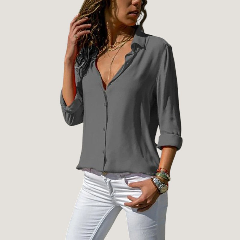 Kvinders Bluse i Chiffon med V-hals og Knapper 2