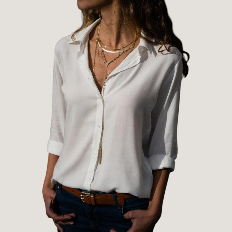 Kvinders Bluse i Chiffon med V-hals og Knapper 6