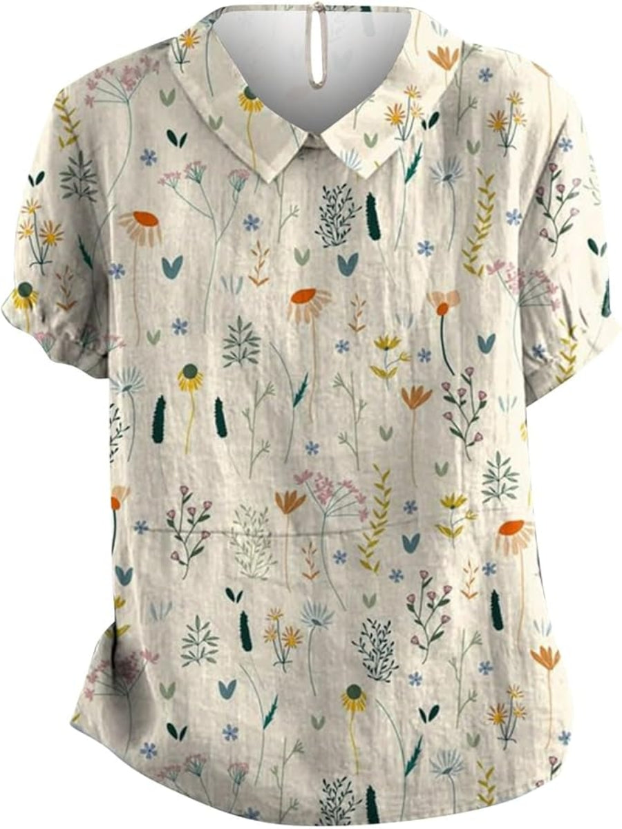 Kvinders Bluse med Vildblomst Print i Bløde Farver 0