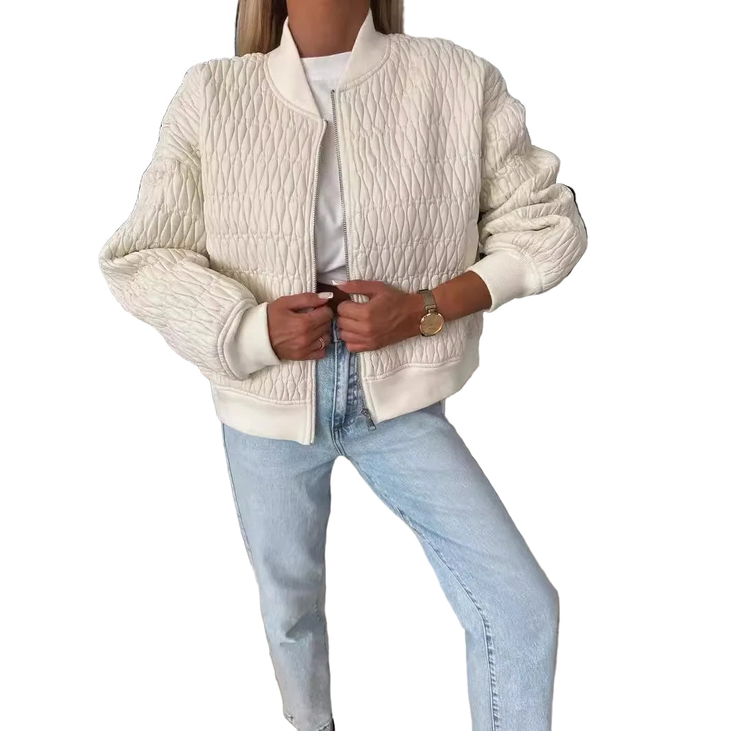 Kvinders Bomberjakke Quilted Lynlås Ribbet Kant 0