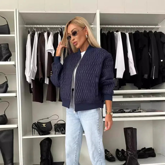 Kvinders Bomberjakke Quilted Lynlås Ribbet Kant 10