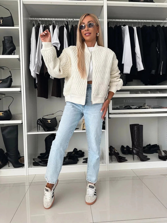 Kvinders Bomberjakke Quilted Lynlås Ribbet Kant 3