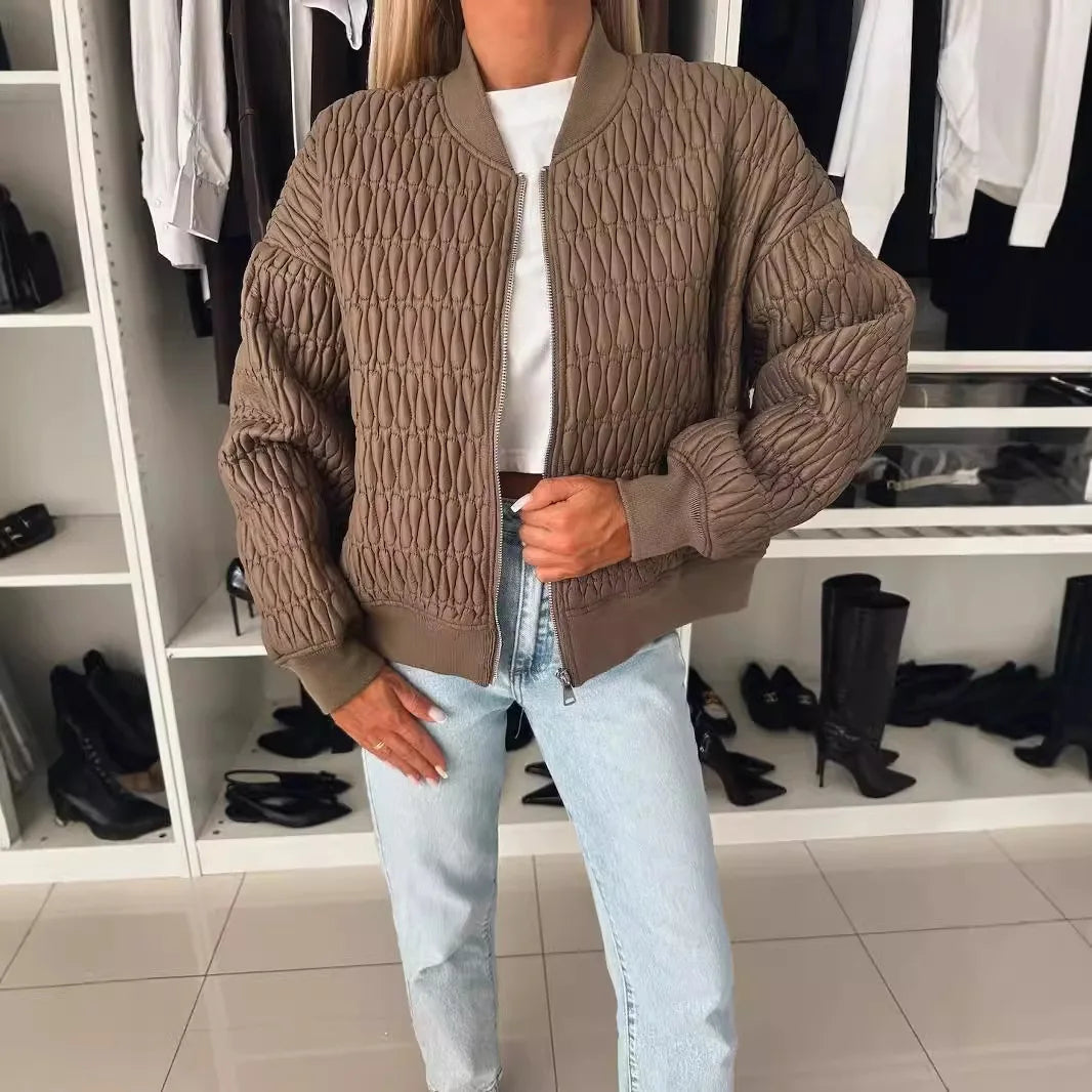 Kvinders Bomberjakke Quilted Lynlås Ribbet Kant 4