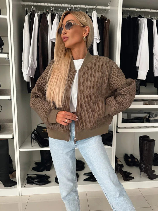 Kvinders Bomberjakke Quilted Lynlås Ribbet Kant 5