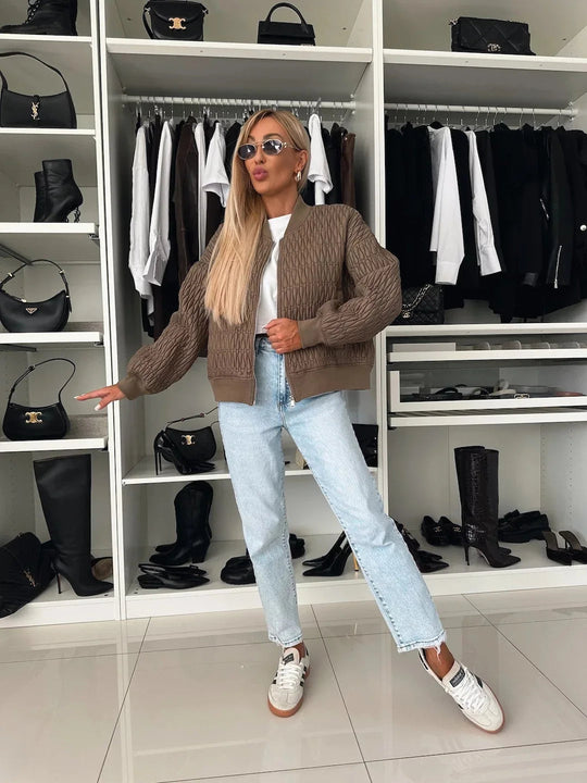 Kvinders Bomberjakke Quilted Lynlås Ribbet Kant 6