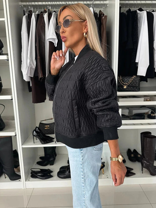 Kvinders Bomberjakke Quilted Lynlås Ribbet Kant 9