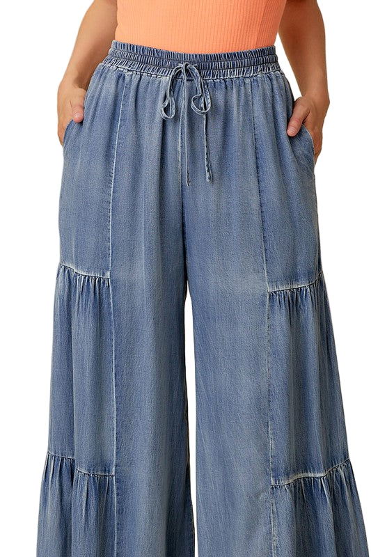 Kvinders Bredbukser med Rynker Vasket Denim 0