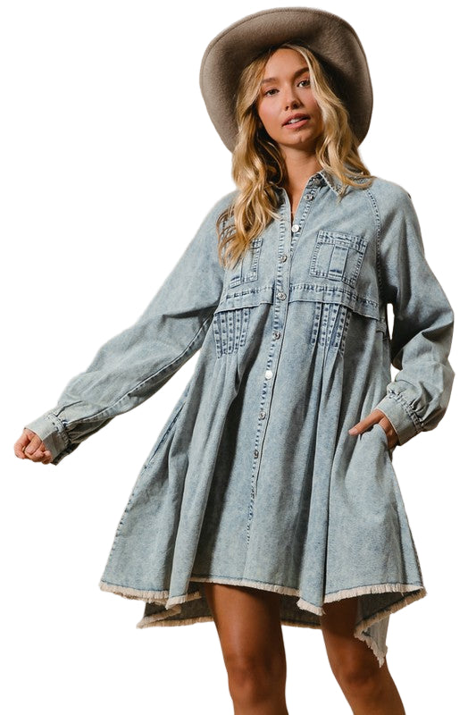 Kvinders Button Down Kjole i Mineralvasket Denim 0