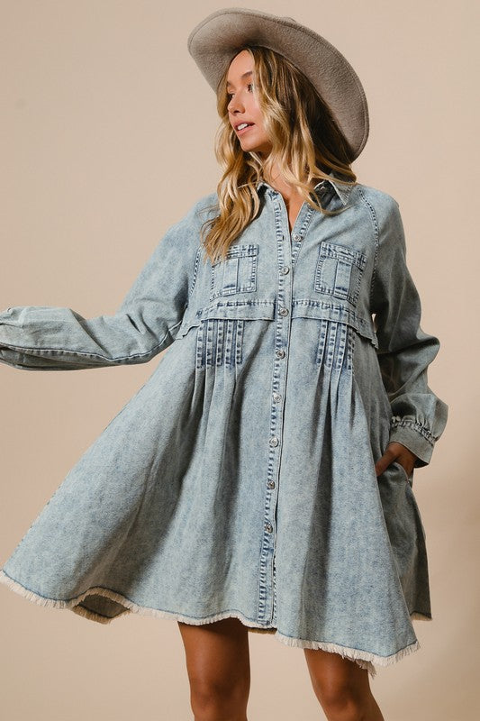 Kvinders Button Down Kjole i Mineralvasket Denim 1