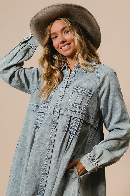 Kvinders Button Down Kjole i Mineralvasket Denim 2