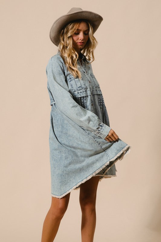 Kvinders Button Down Kjole i Mineralvasket Denim 3